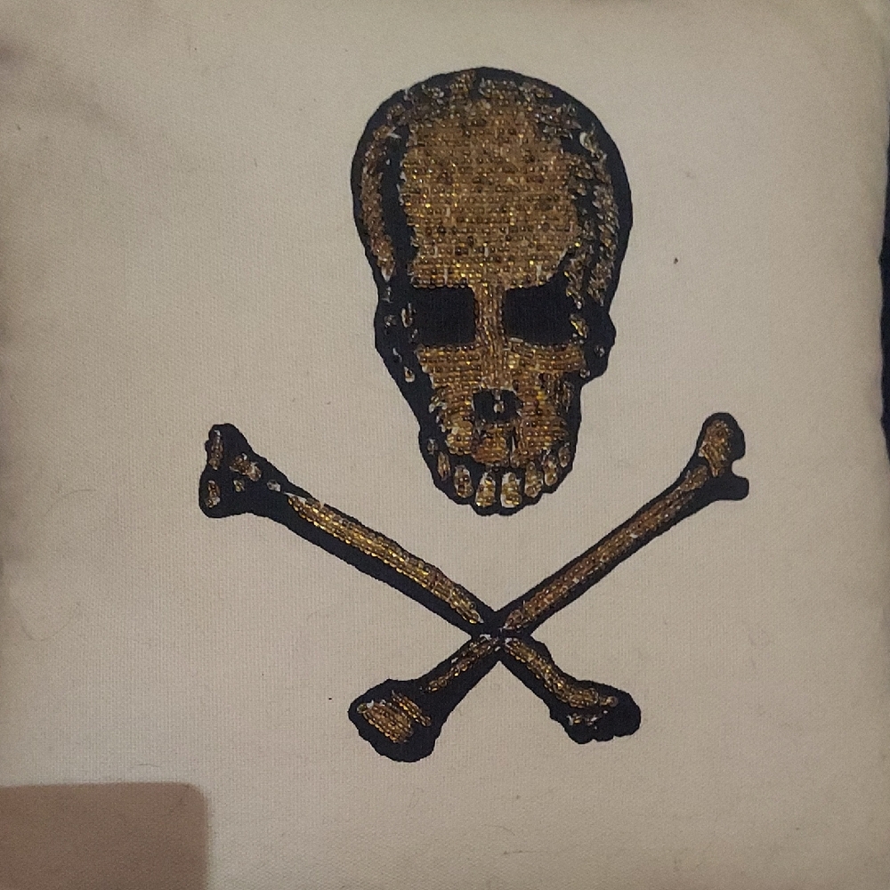 Posh Pirate Pillow. Gold Beaded Skull And Cross Bones Accent Pillow